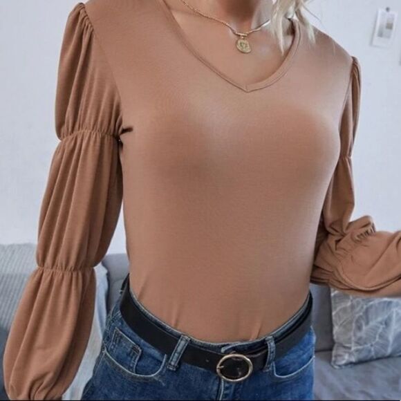 CLEARANCE Camel Tan Taupe Statement Sleeve Top - Picture 5 of 9